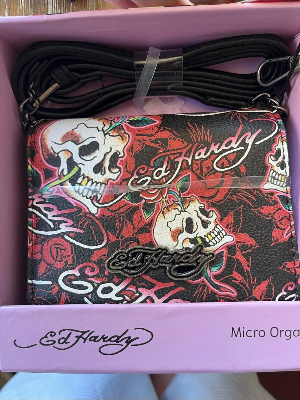 Ed Hardy Skull and Rose Micro Organizer Crossbody Bag Purse and Key Ring